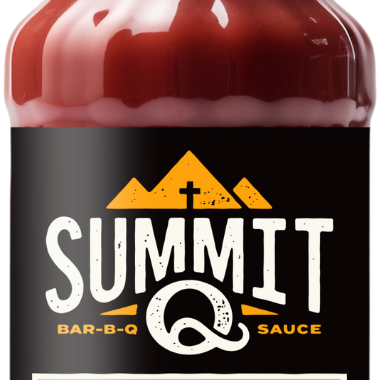 Bottle of Summit Q Sweet Bar-B-Q sauce with a black cap on a white background